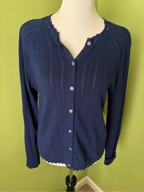 Lands' End Navy Pointelle Button-Front Cardigan